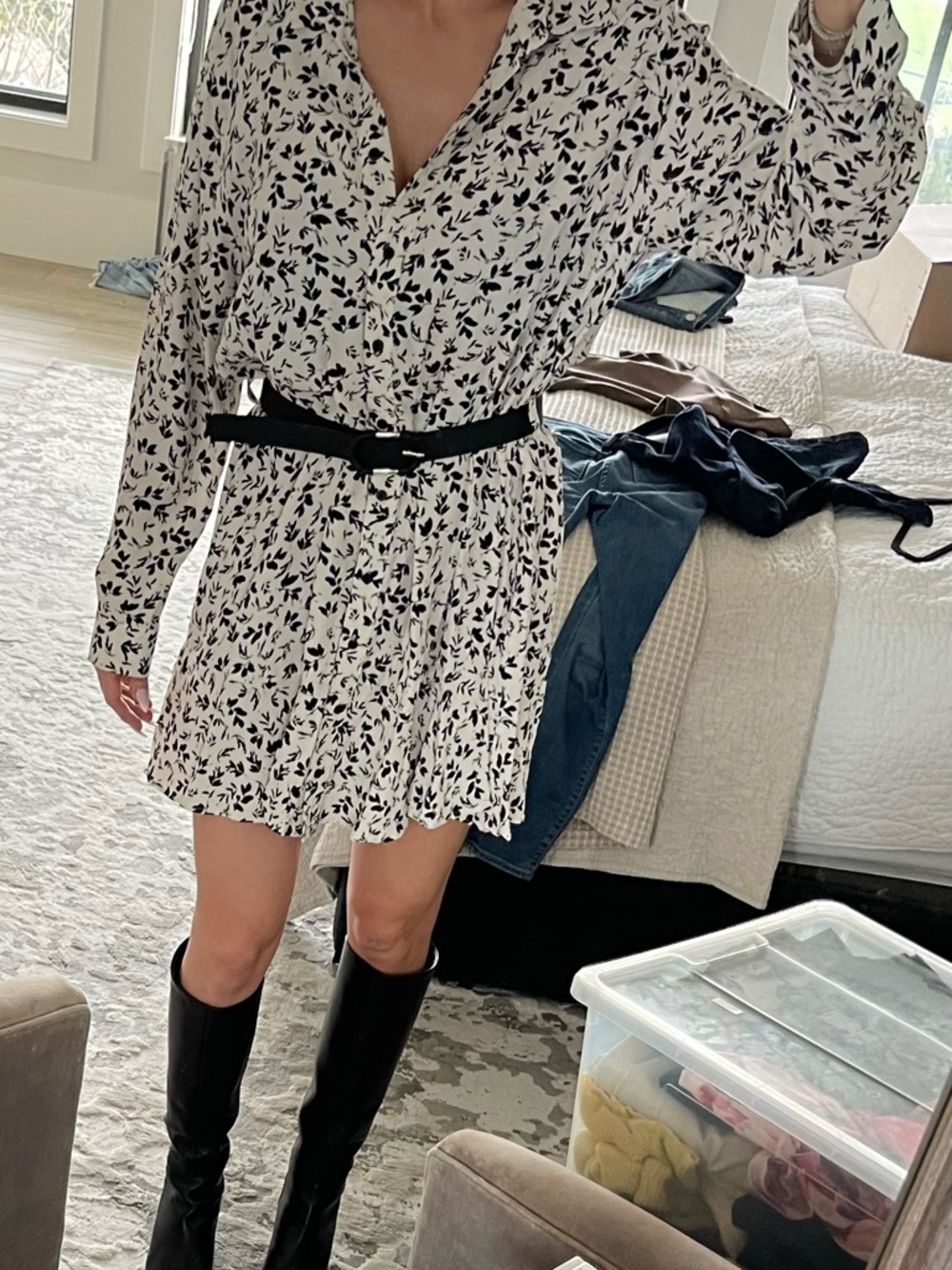 Zara Black & White Floral Mini Shirt Dress